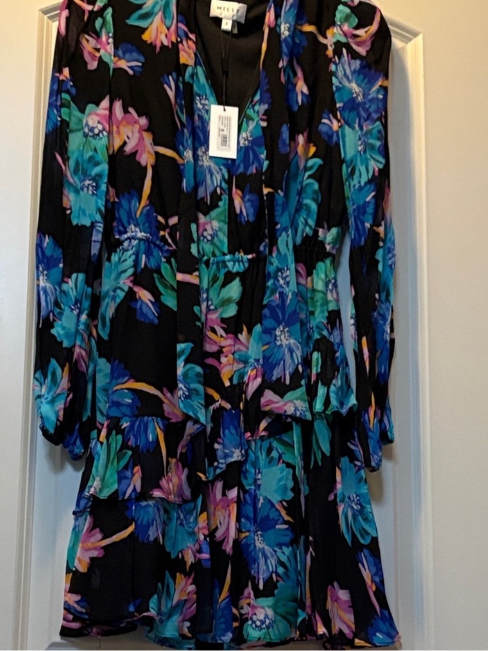 NWT Milly Black Long-Sleeve Floral Tiered Dress - Teal, Blue, Pink